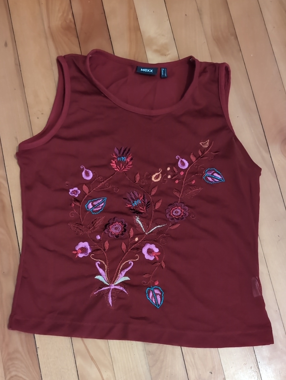 Mexx Embroidered Sleeveless Tank in Deep Wine Red Sheer Front